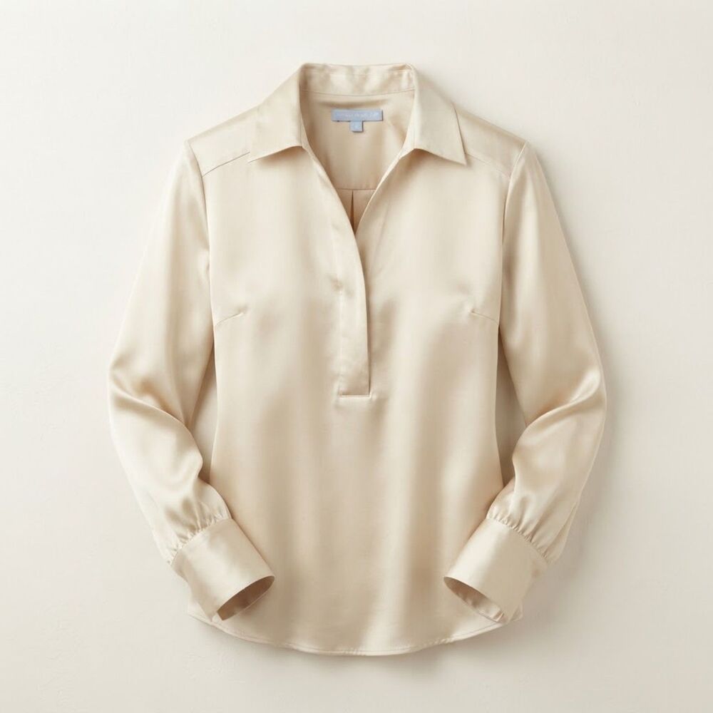 Antonio Melani Silk Blend Cream Champagne Long Sleeve Placket Blouse XS